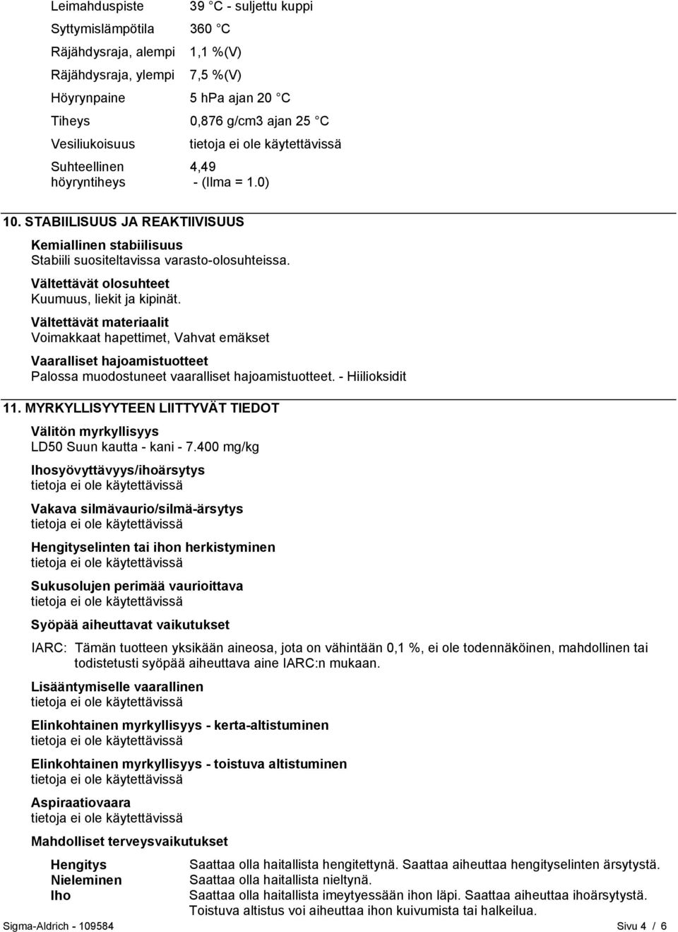 Vältettävät olosuhteet Kuumuus, liekit ja kipinät. Vältettävät materiaalit Voimakkaat hapettimet, Vahvat emäkset Vaaralliset hajoamistuotteet Palossa muodostuneet vaaralliset hajoamistuotteet.