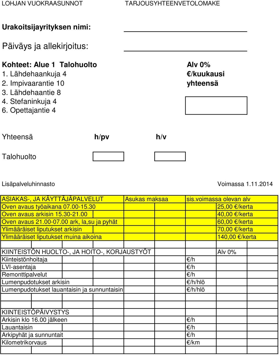 00 40,00 /kerta Oven avaus 21.00-07.