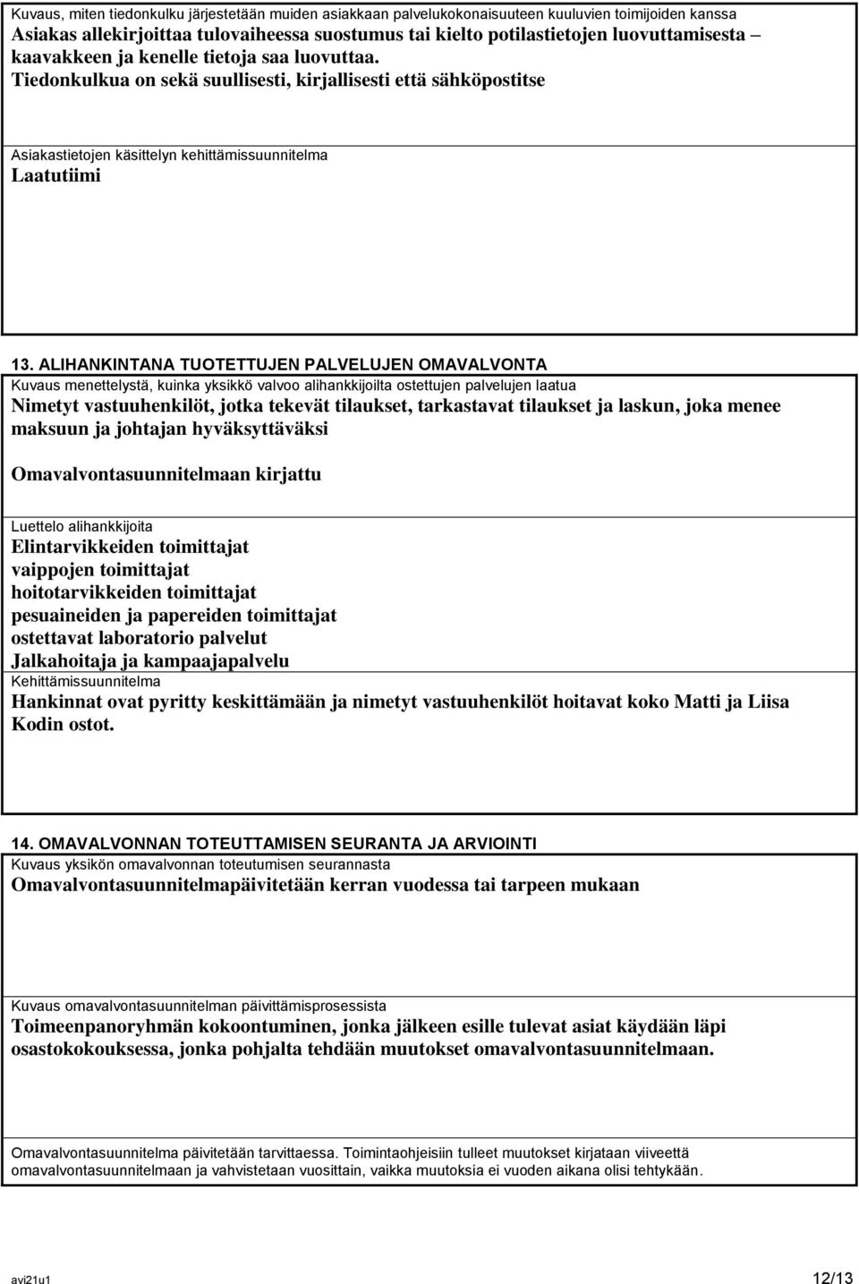 ALIHANKINTANA TUOTETTUJEN PALVELUJEN OMAVALVONTA Kuvaus menettelystä, kuinka yksikkö valvoo alihankkijoilta ostettujen palvelujen laatua Nimetyt vastuuhenkilöt, jotka tekevät tilaukset, tarkastavat