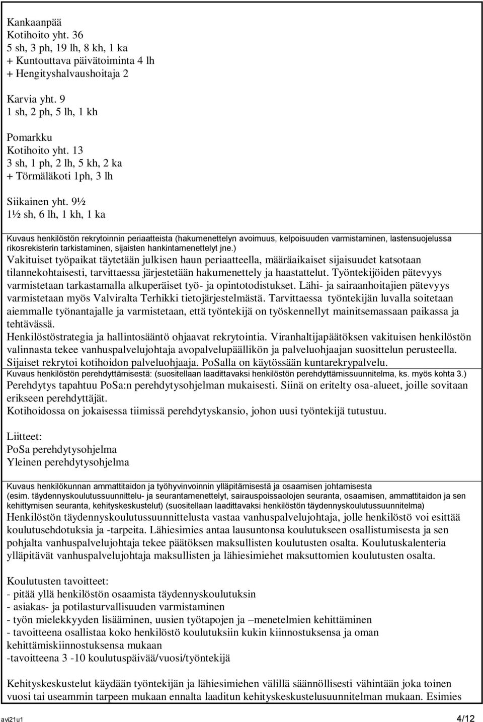 9½ 1½ sh, 6 lh, 1 kh, 1 ka Kuvaus henkilöstön rekrytoinnin periaatteista (hakumenettelyn avoimuus, kelpoisuuden varmistaminen, lastensuojelussa rikosrekisterin tarkistaminen, sijaisten