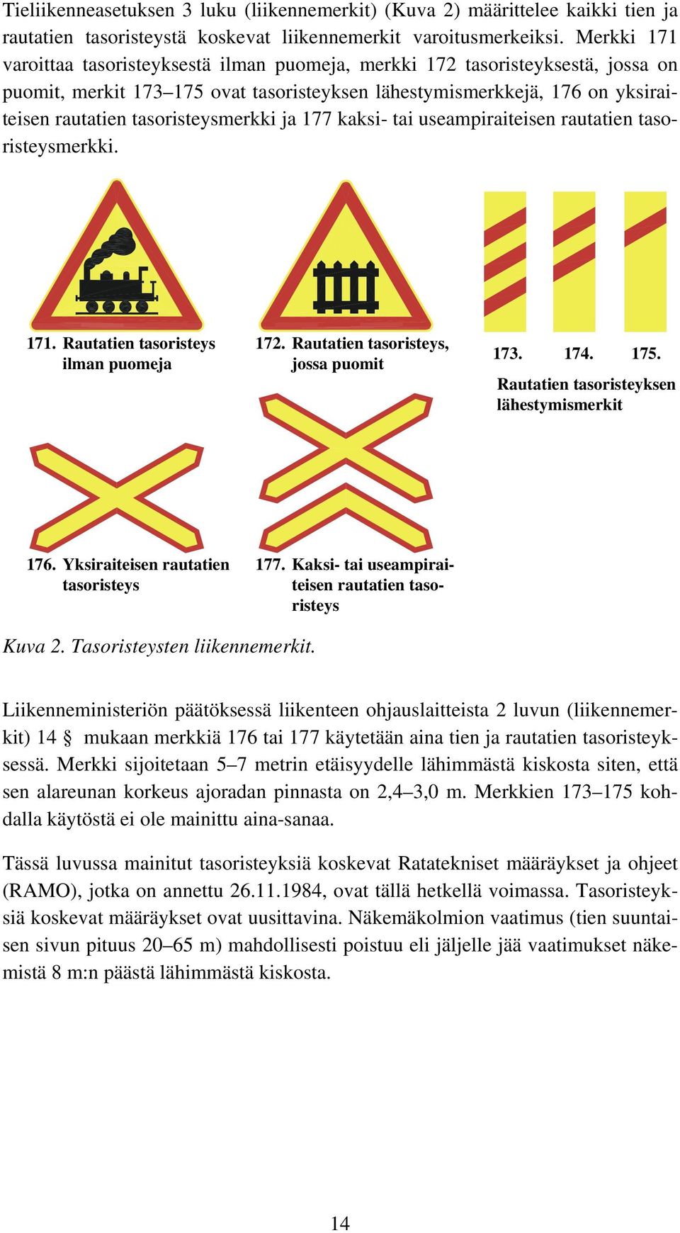 tasoristeysmerkki ja 177 kaksi- tai useampiraiteisen rautatien tasoristeysmerkki. 171. Rautatien tasoristeys ilman puomeja 172. Rautatien tasoristeys, jossa puomit 173. 174. 175.