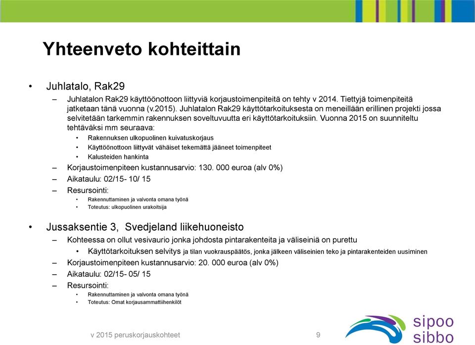 Vuonna 2015 on suunniteltu tehtäväksi mm seuraava: Rakennuksen ulkopuolinen kuivatuskorjaus Käyttöönottoon liittyvät vähäiset tekemättä jääneet toimenpiteet Kalusteiden hankinta Korjaustoimenpiteen