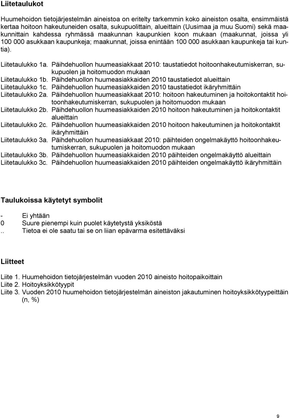 Liitetaulukko 1a. Päihdehuollon huumeasiakkaat 2010: taustatiedot hoitoonhakeutumiskerran, sukupuolen ja hoitomuodon mukaan Liitetaulukko 1b.