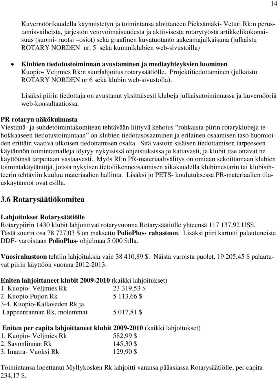 5 sekä kummiklubien web-sivustoilla) Klubien tiedotustoiminnan avustaminen ja mediayhteyksien luominen Kuopio- Veljmies Rk:n suurlahjoitus rotarysäätiölle.