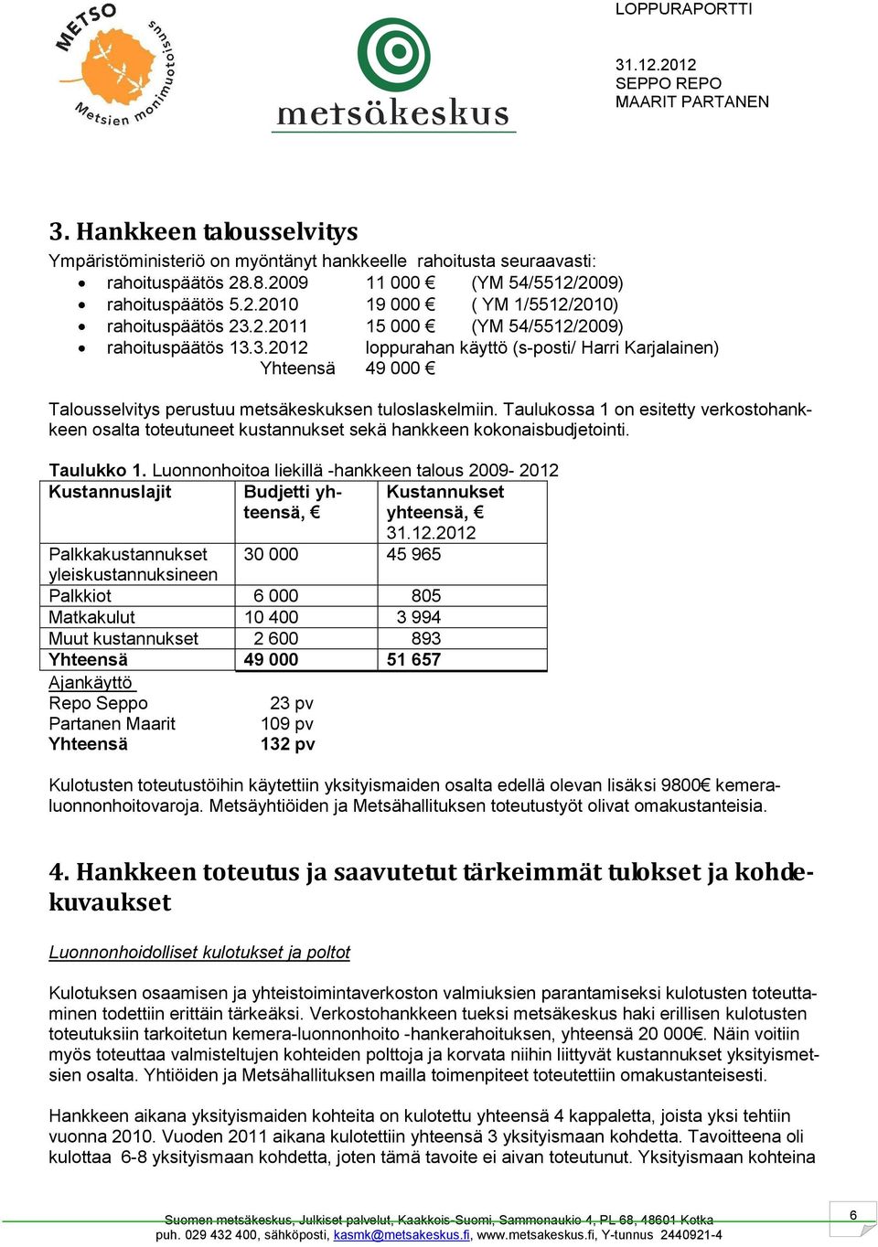 Taulukossa 1 on esitetty verkostohankkeen osalta toteutuneet kustannukset sekä hankkeen kokonaisbudjetointi. Taulukko 1.