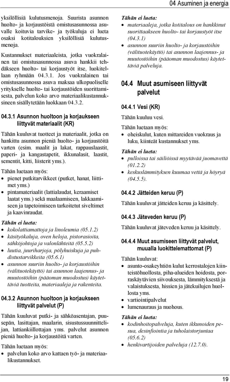Kustannukset materiaaleista, jotka vuokralainen tai omistusasunnossa asuva hankkii tehdäkseen huolto- tai korjaustyöt itse, luokitellaan ryhmään 04.3.1.
