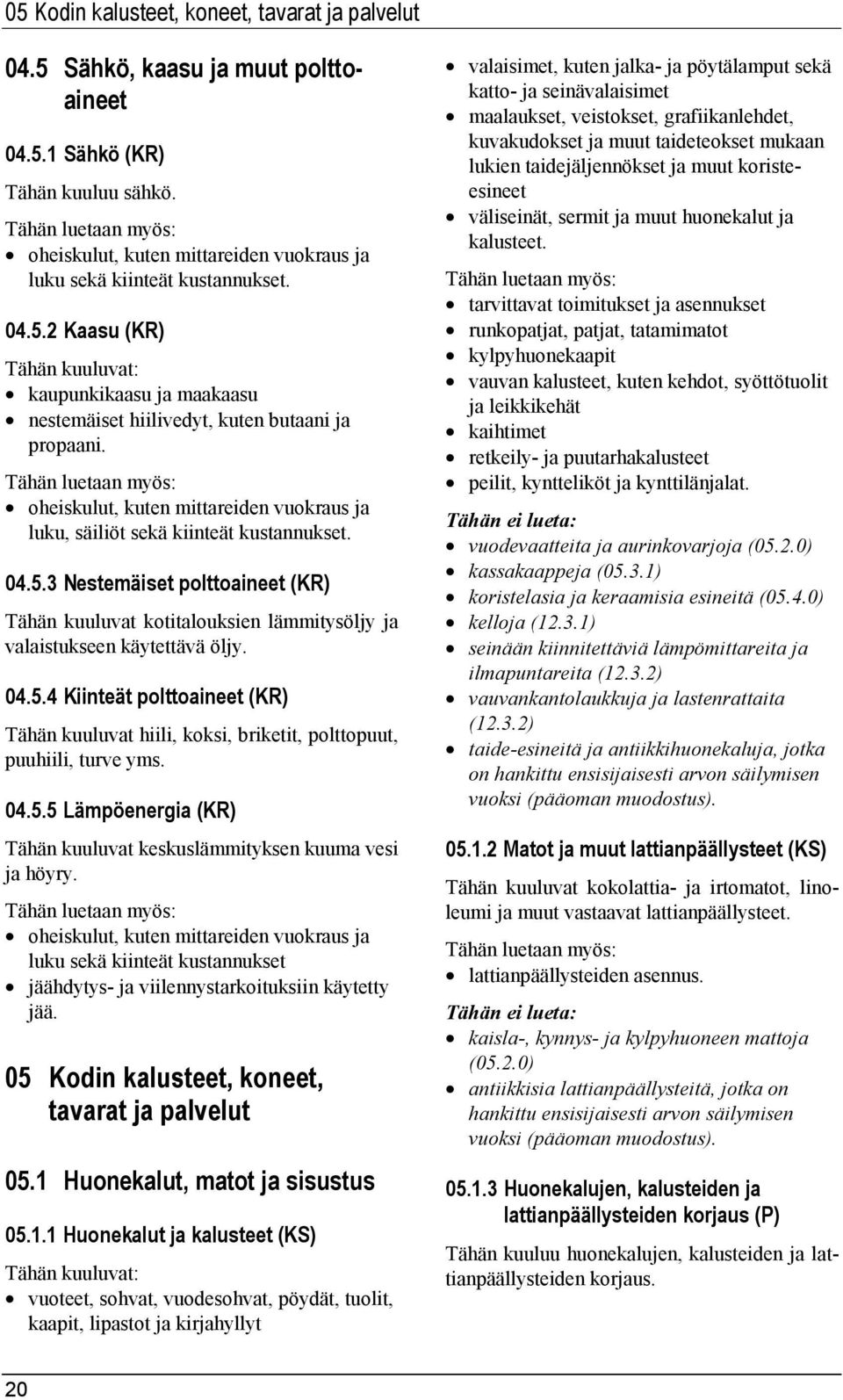 04.5.4 Kiinteät polttoaineet (KR) Tähän kuuluvat hiili, koksi, briketit, polttopuut, puuhiili, turve yms. 04.5.5 Lämpöenergia (KR) Tähän kuuluvat keskuslämmityksen kuuma vesi ja höyry.