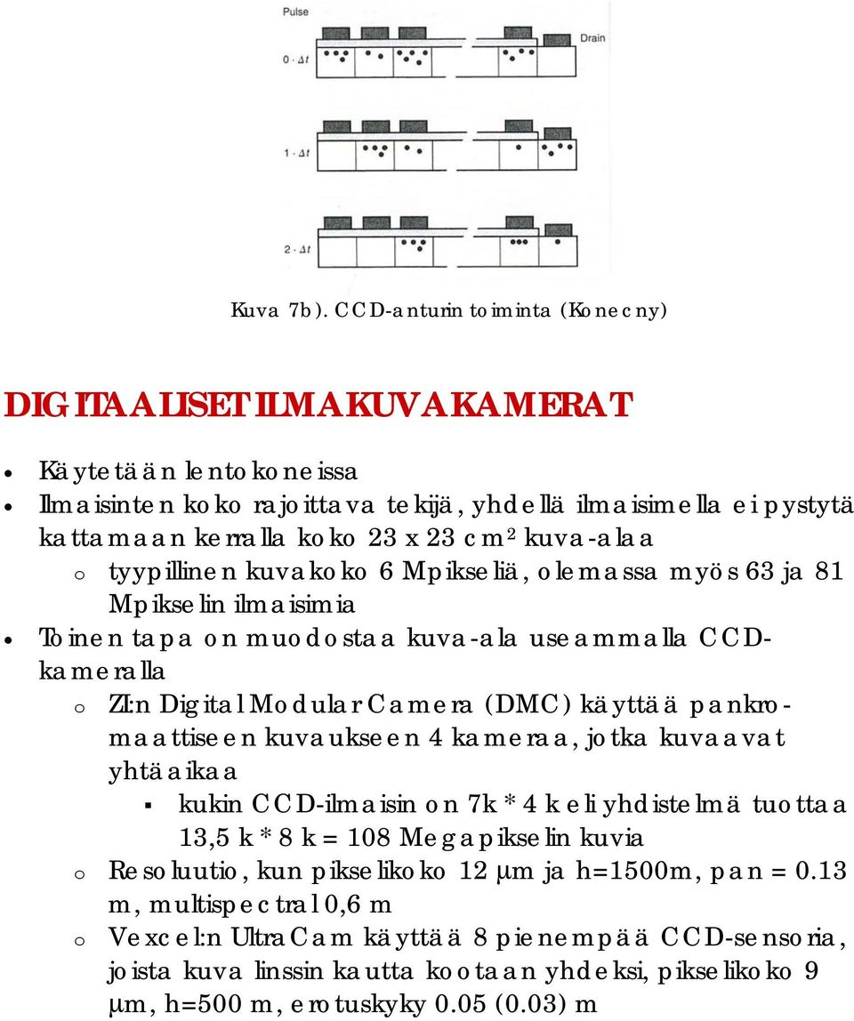 kuva-alaa o tyypillinen kuvakoko 6 Mpikseliä, olemassa myös 63 ja 81 Mpikselin ilmaisimia Toinen tapa on muodostaa kuva-ala useammalla CCDkameralla o ZI:n Digital Modular Camera (DMC) käyttää