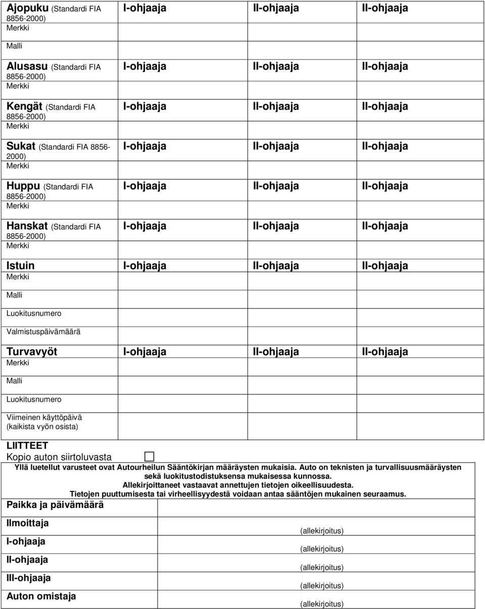 määräysten mukaisia. Auto on teknisten ja turvallisuusmääräysten sekä luokitustodistuksensa mukaisessa kunnossa.