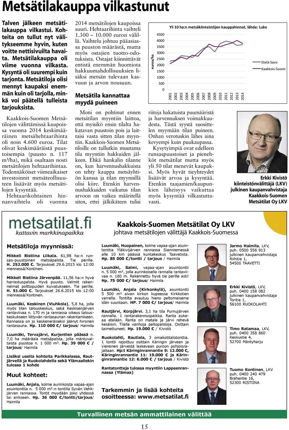 Kaakkois-Suomen Metsätilojen välittämissä kaupoissa vuonna 2014 keskimääräinen metsähehtaarihinta oli noin 4.600 euroa. Tilat olivat keskimääräistä puustoisempia (puusto n.