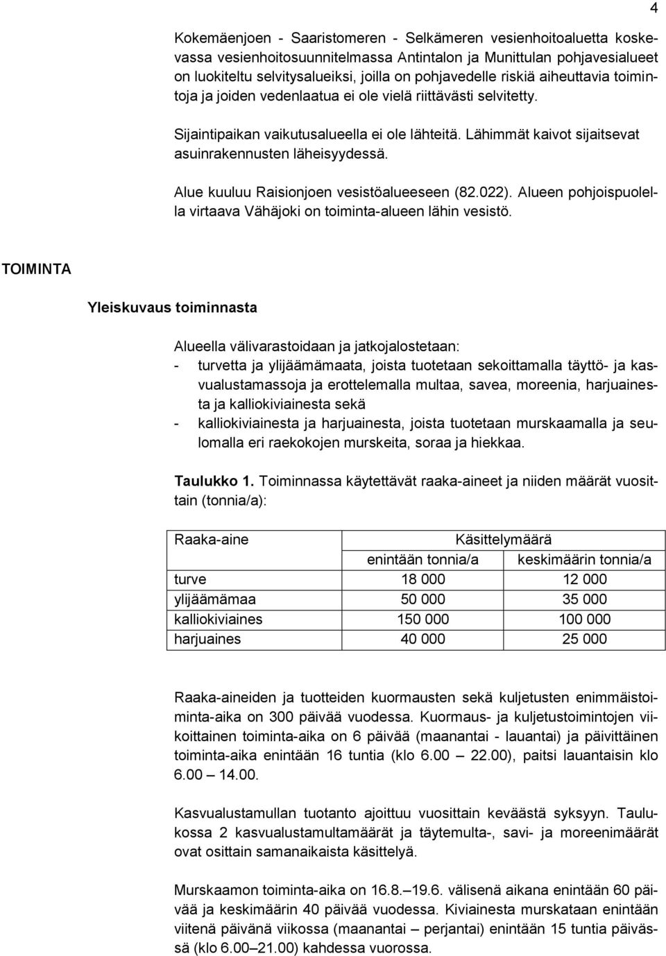 Alue kuuluu Raisionjoen vesistöalueeseen (82.022). Alueen pohjoispuolella virtaava Vähäjoki on toiminta-alueen lähin vesistö.