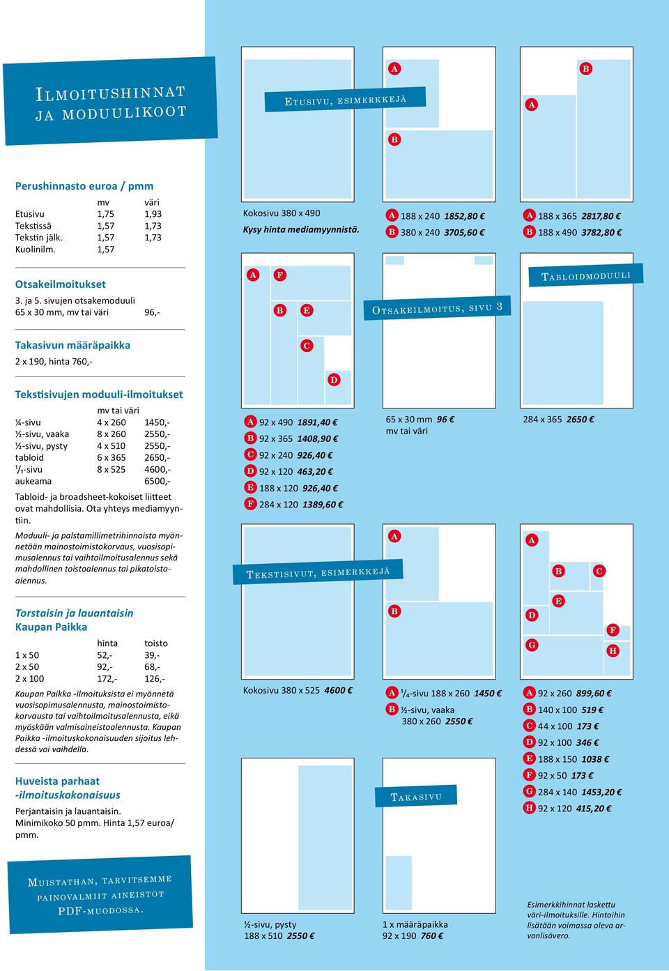 sivujen otsakemoduuli 65 x 30 mm, mv tai väri 96,- F E O t s a k e i l m o i t u s, si v u 3 Ta b l o i d m o d u u l i Takasivun määräpaikka C 2 x 190, hinta 760,- Tekstisivujen moduuli-ilmoitukset