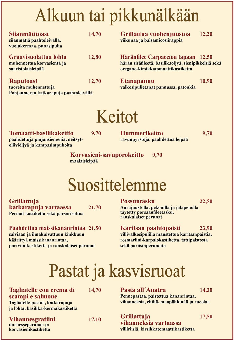 oregano-kirsikkatomaattikastiketta Etanapannu 10,90 valkosipulietanat pannussa, patonkia Tomaatti-basilikakeitto 9,70 paahdettuja pinjansiemeniä, neitsytoliiviöljyä ja kampasimpukoita