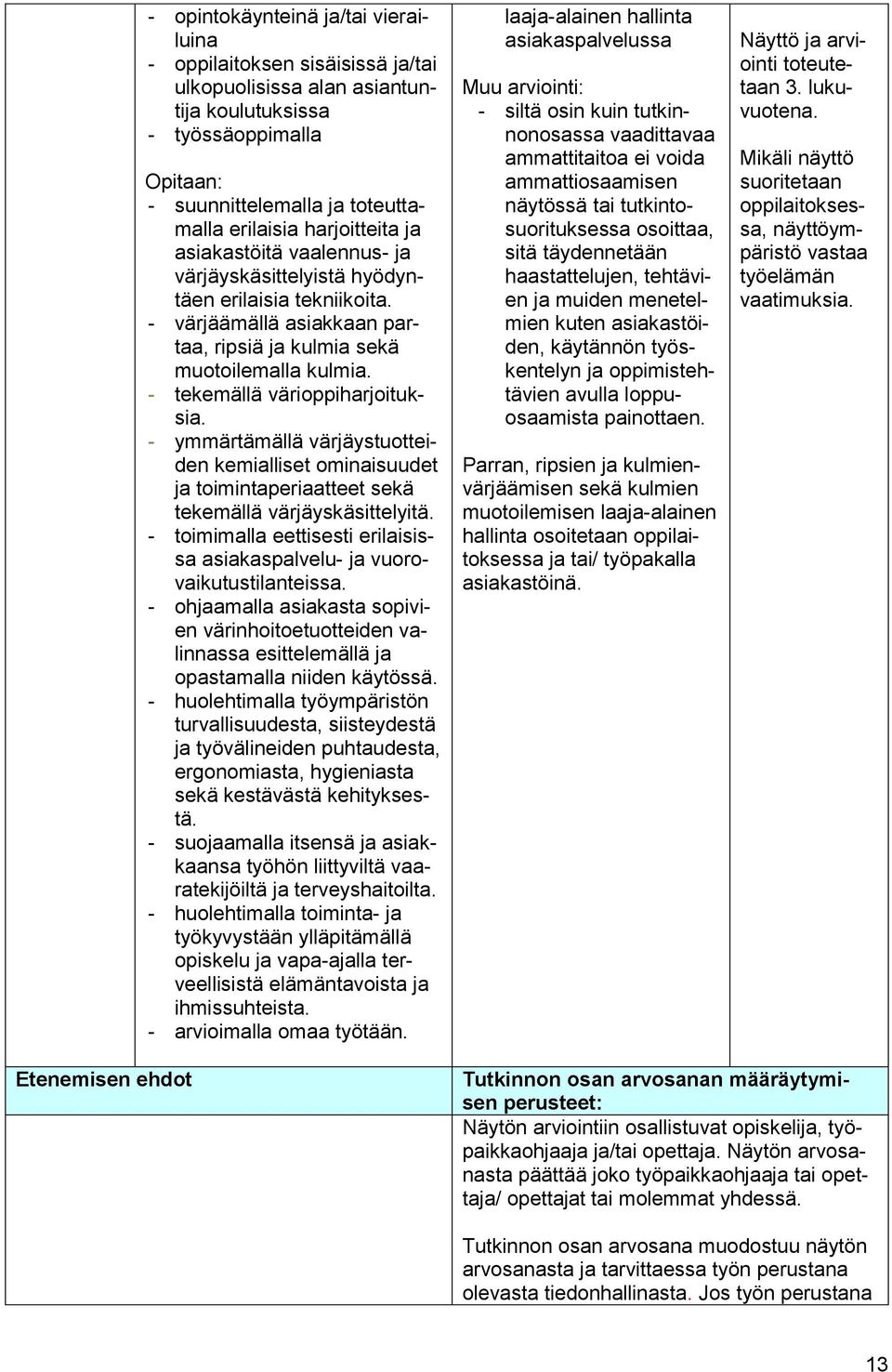 - tekemällä värioppiharjoituksia. - ymmärtämällä värjäystuotteiden kemialliset ominaisuudet ja toimintaperiaatteet sekä tekemällä värjäyskäsittelyitä.