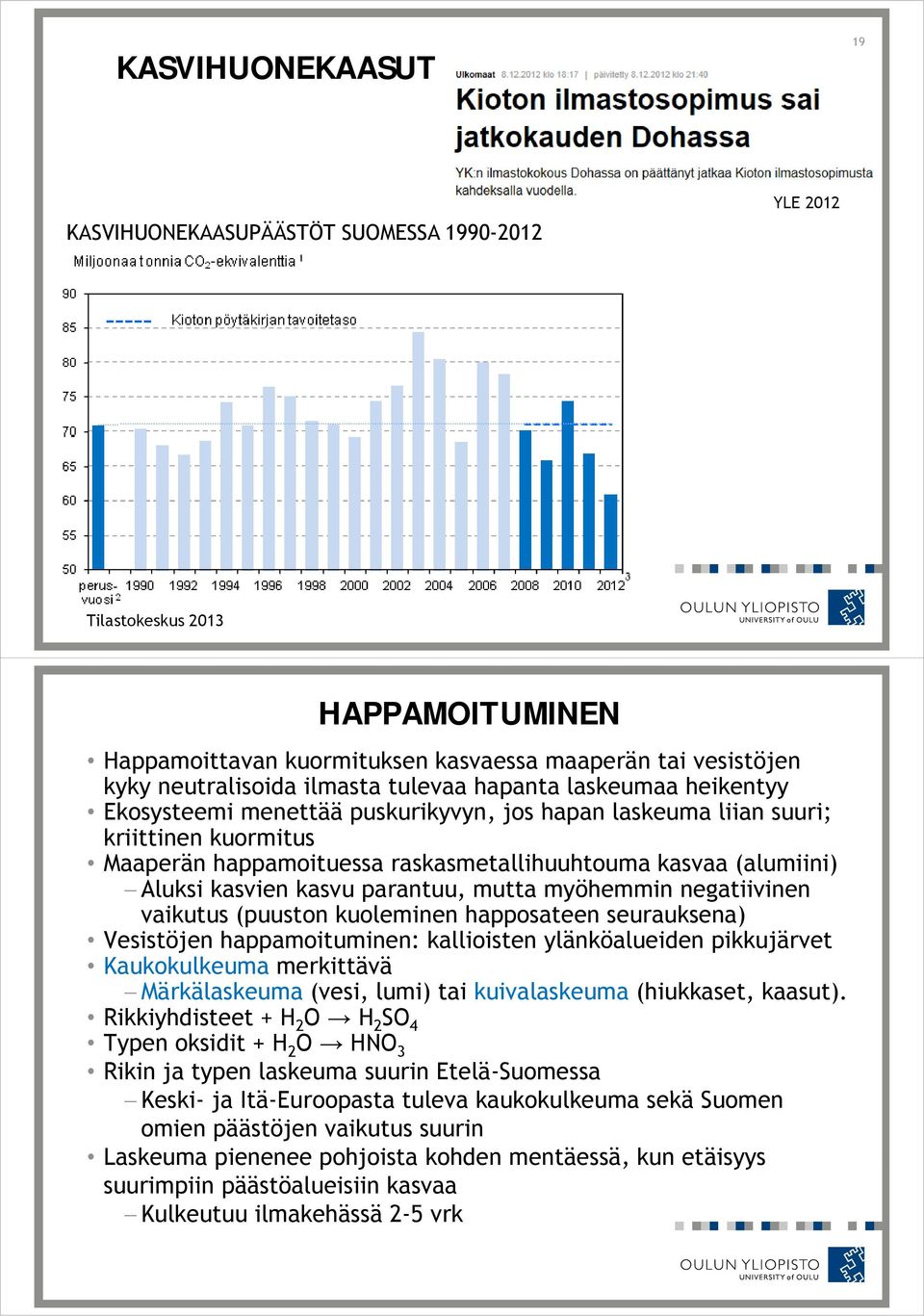 kasvien kasvu parantuu, mutta myöhemmin negatiivinen vaikutus (puuston kuoleminen happosateen seurauksena) Vesistöjen happamoituminen: kallioisten ylänköalueiden pikkujärvet Kaukokulkeuma merkittävä