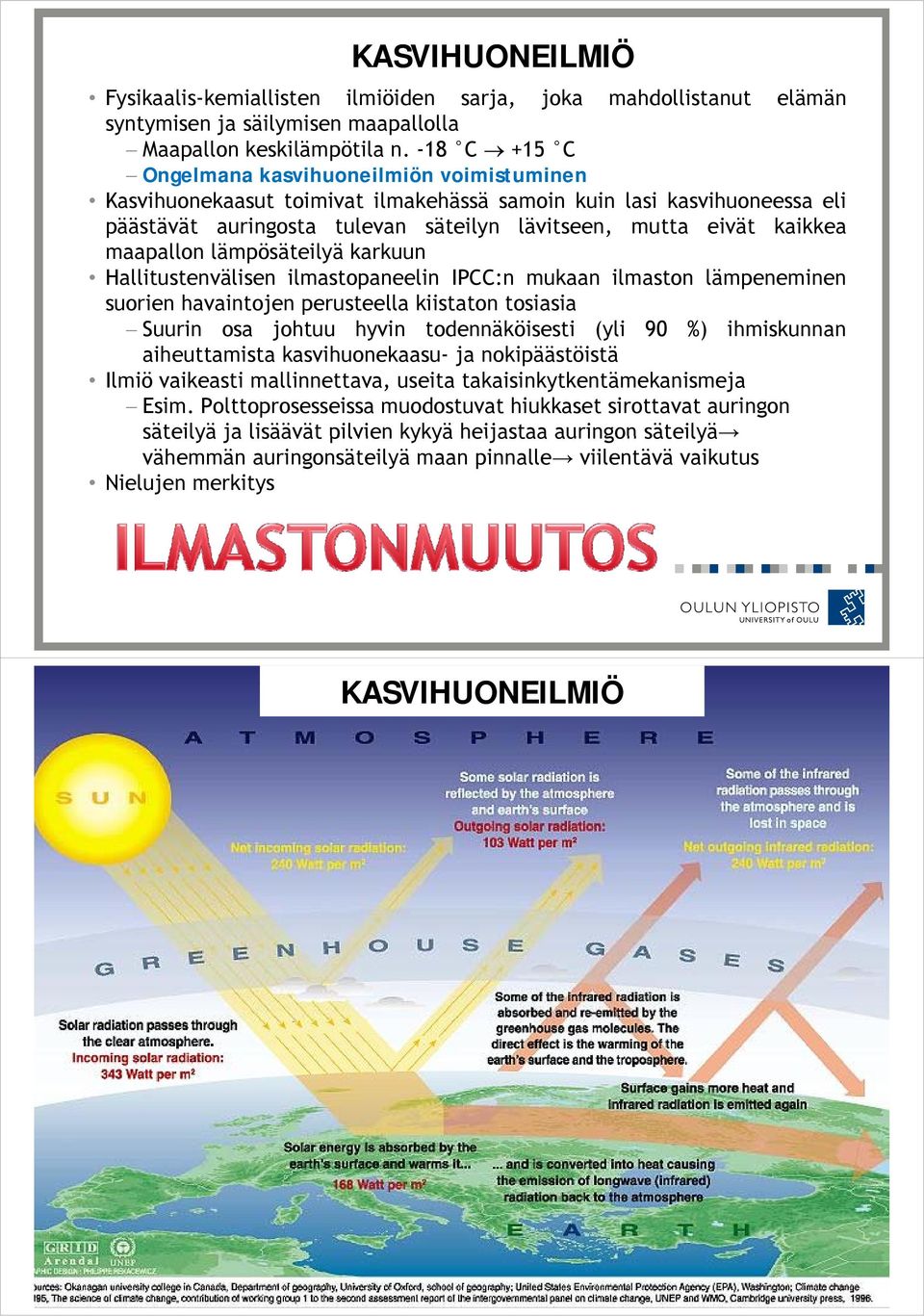 maapallon lämpösäteilyä karkuun Hallitustenvälisen ilmastopaneelin IPCC:n mukaan ilmaston lämpeneminen suorien havaintojen perusteella kiistaton tosiasia Suurin osa johtuu hyvin todennäköisesti (yli