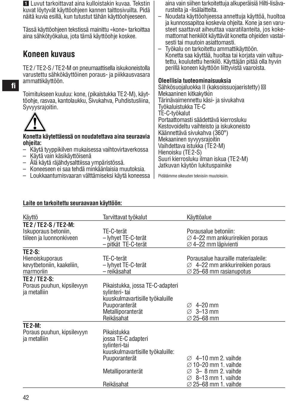 Koneen kuvaus TE / TE-S / TE-M on pneumaattisella iskukoneistolla varustettu sähkökäyttöinen poraus- ja piikkausvasara ammattikäyttöön.