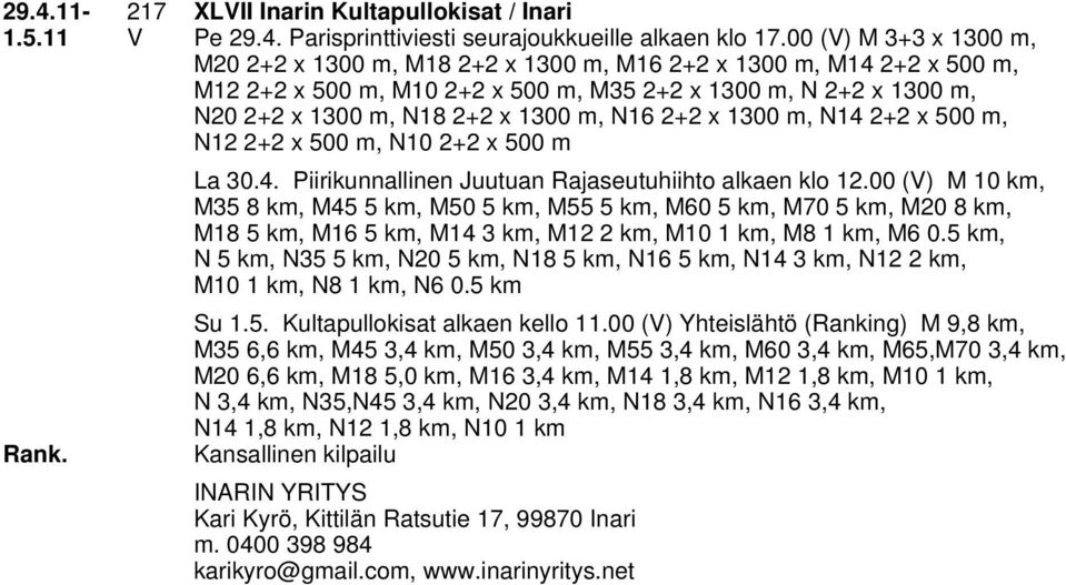 2+2 x 1300 m, N14 2+2 x 500 m, N12 2+2 x 500 m, N10 2+2 x 500 m La 30.4. iirikunnallinen Juutuan Rajaseutuhiihto alkaen klo 12.