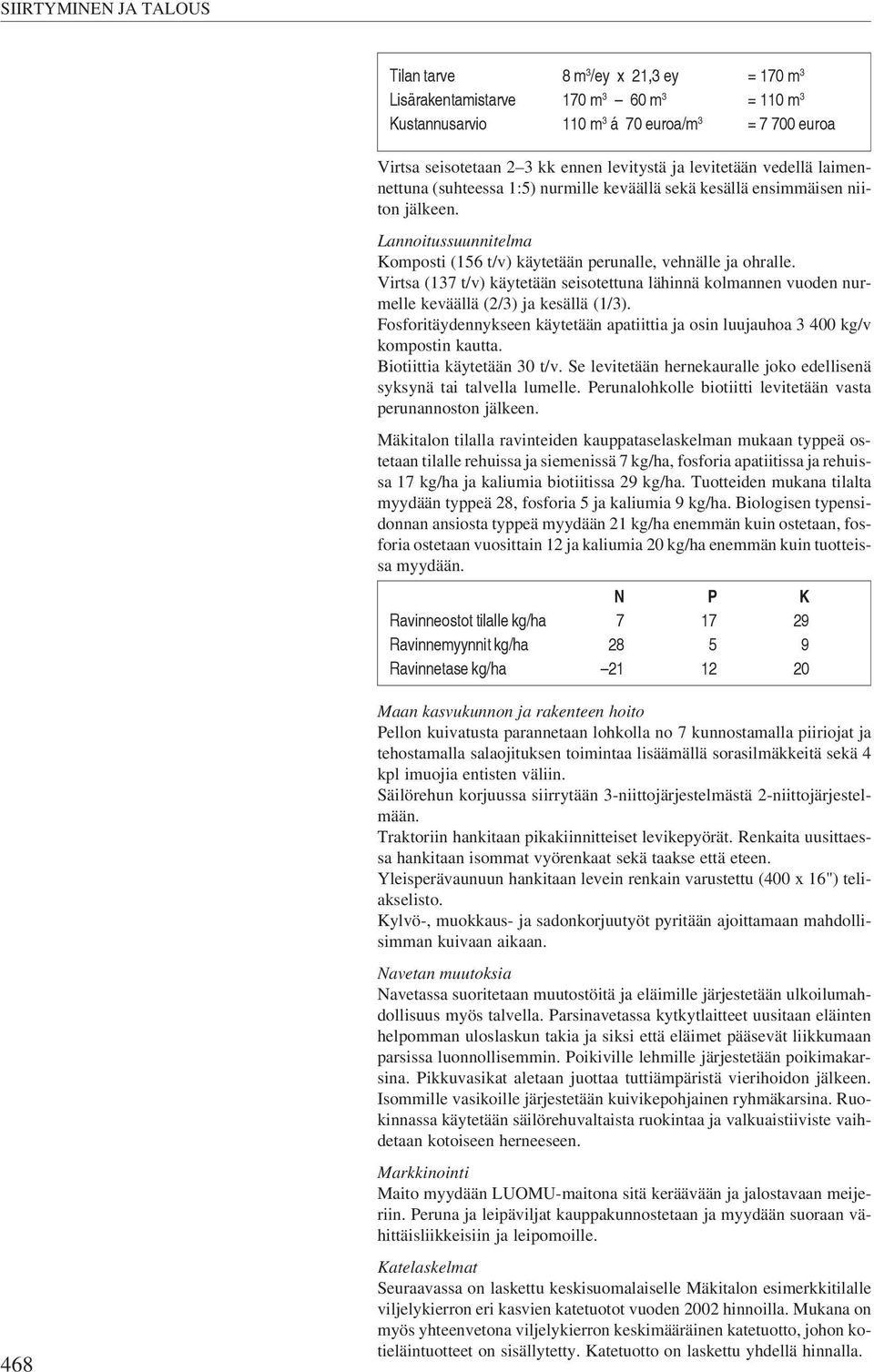 Virtsa (137 t/v) käytetään seisotettuna lähinnä kolmannen vuoden nurmelle keväällä (2/3) ja kesällä (1/3). Fosforitäydennykseen käytetään apatiittia ja osin luujauhoa 3 400 kg/v kompostin kautta.