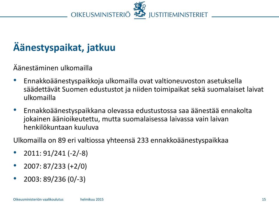 ennakolta jokainen äänioikeutettu, mutta suomalaisessa laivassa vain laivan henkilökuntaan kuuluva Ulkomailla on 89 eri valtiossa