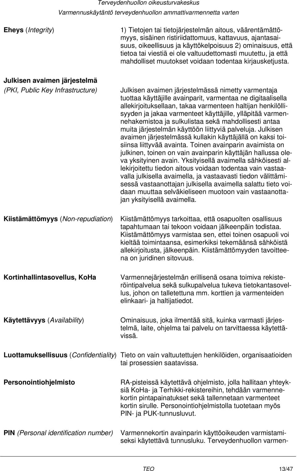 Julkisen avaimen järjestelmä (PKI, Public Key Infrastructure) Kiistämättömyys (Non-repudiation) Kortinhallintasovellus, KoHa Käytettävyys (Availability) Julkisen avaimen järjestelmässä nimetty