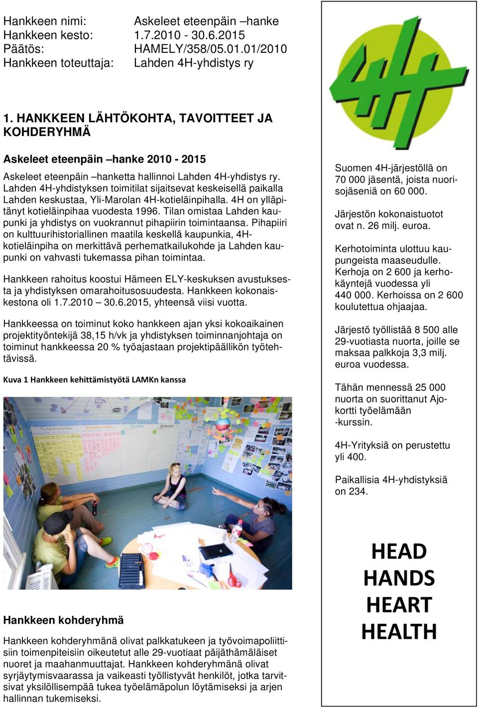 Lahden 4H-yhdistyksen toimitilat sijaitsevat keskeisellä paikalla Lahden keskustaa, Yli-Marolan 4H-kotieläinpihalla. 4H on ylläpitänyt kotieläinpihaa vuodesta 1996.