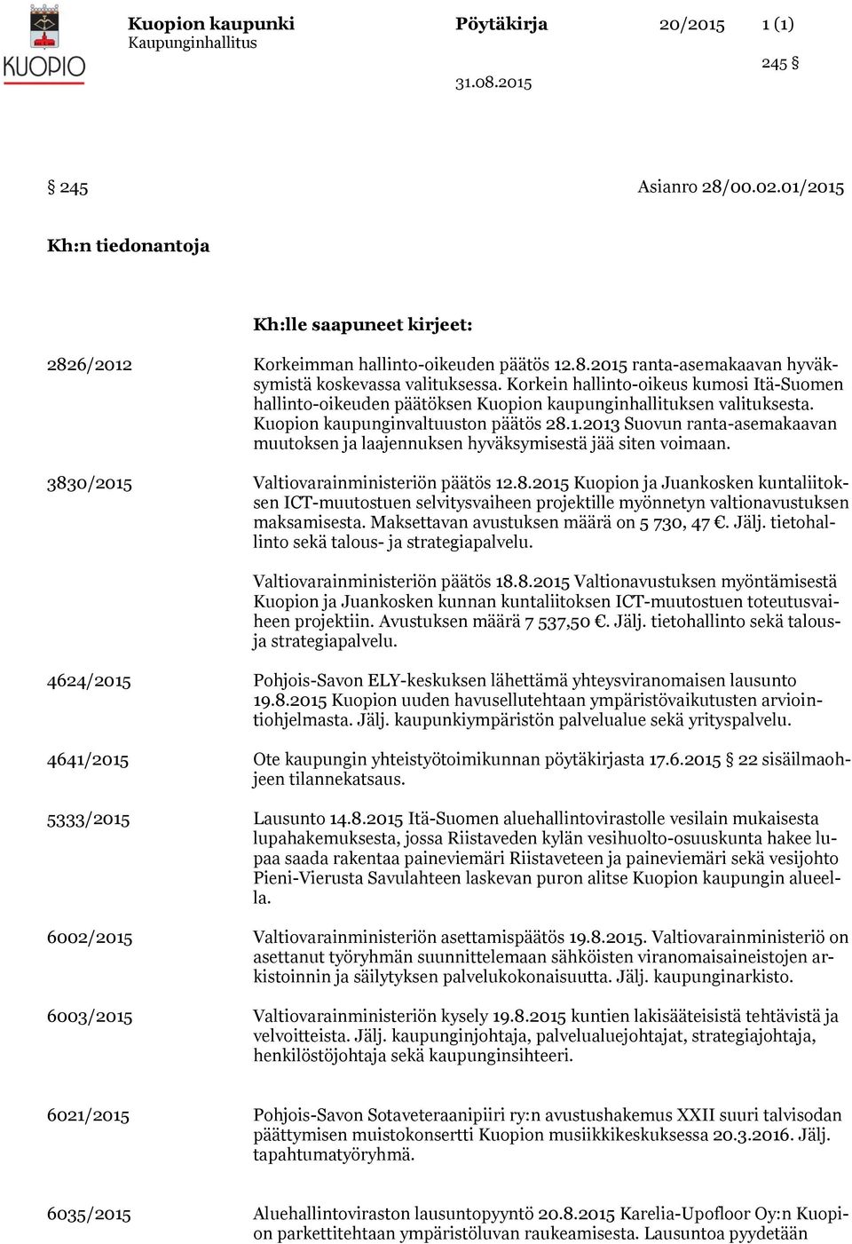 2013 Suovun ranta-asemakaavan muutoksen ja laajennuksen hyväksymisestä jää siten voimaan. 383