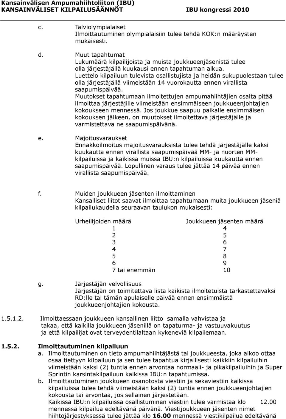 Luettelo kilpailuun tulevista osallistujista ja heidän sukupuolestaan tulee olla järjestäjällä viimeistään 14 vuorokautta ennen virallista saapumispäivää.