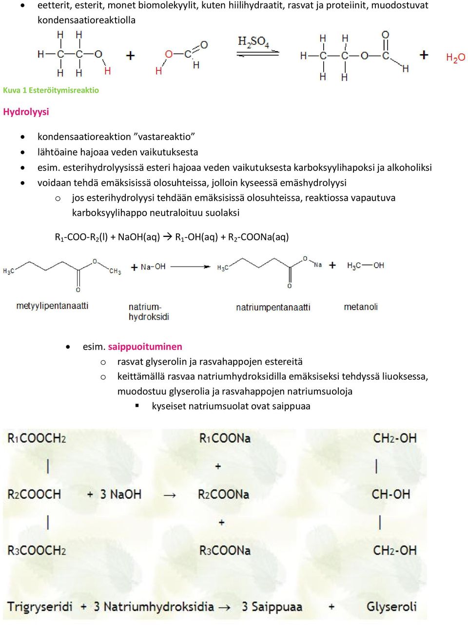 esterihydrlyysissä esteri hajaa veden vaikutuksesta karbksyylihapksi ja alkhliksi vidaan tehdä emäksisissä lsuhteissa, jllin kyseessä emäshydrlyysi js esterihydrlyysi tehdään emäksisissä