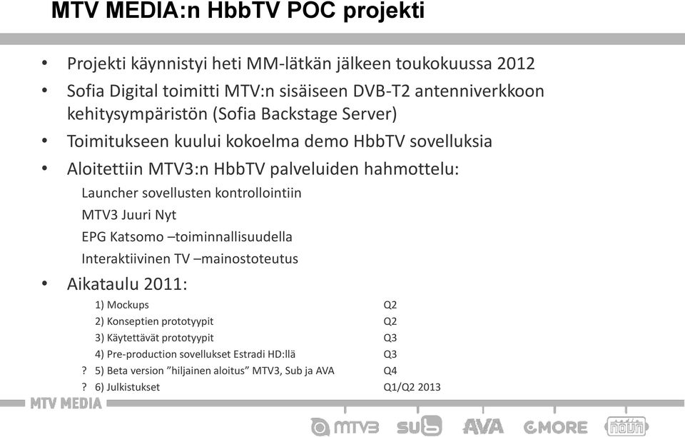 sovellusten kontrollointiin MTV3 Juuri Nyt EPG Katsomo toiminnallisuudella Interaktiivinen TV mainostoteutus Aikataulu 2011: 1) Mockups Q2 2) Konseptien