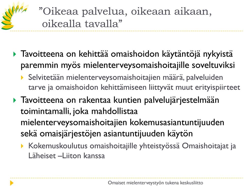 liittyvät muut erityispiirteet Tavoitteena on rakentaa kuntien palvelujärjestelmään toimintamalli, joka mahdollistaa