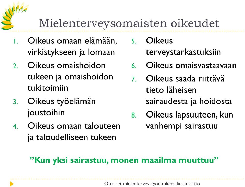 Oikeus omaan talouteen ja taloudelliseen tukeen 5. Oikeus terveystarkastuksiin 6. Oikeus omaisvastaavaan 7.