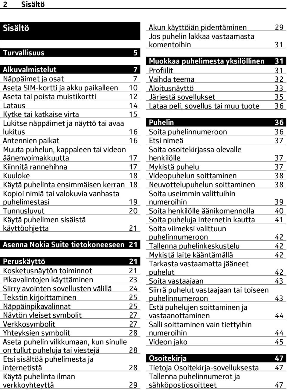 valokuvia vanhasta puhelimestasi 19 Tunnusluvut 20 Käytä puhelimen sisäistä käyttöohjetta 21 Asenna Nokia Suite tietokoneeseen 21 Peruskäyttö 21 Kosketusnäytön toiminnot 21 Pikavalintojen käyttäminen