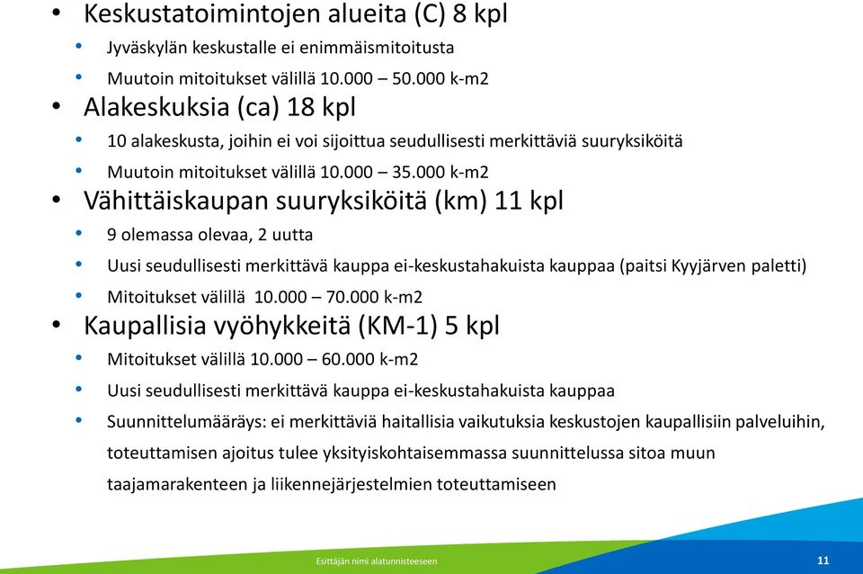000 k-m2 Vähittäiskaupan suuryksiköitä (km) 11 kpl 9 olemassa olevaa, 2 uutta Uusi seudullisesti merkittävä kauppa ei-keskustahakuista kauppaa (paitsi Kyyjärven paletti) Mitoitukset välillä 10.000 70.