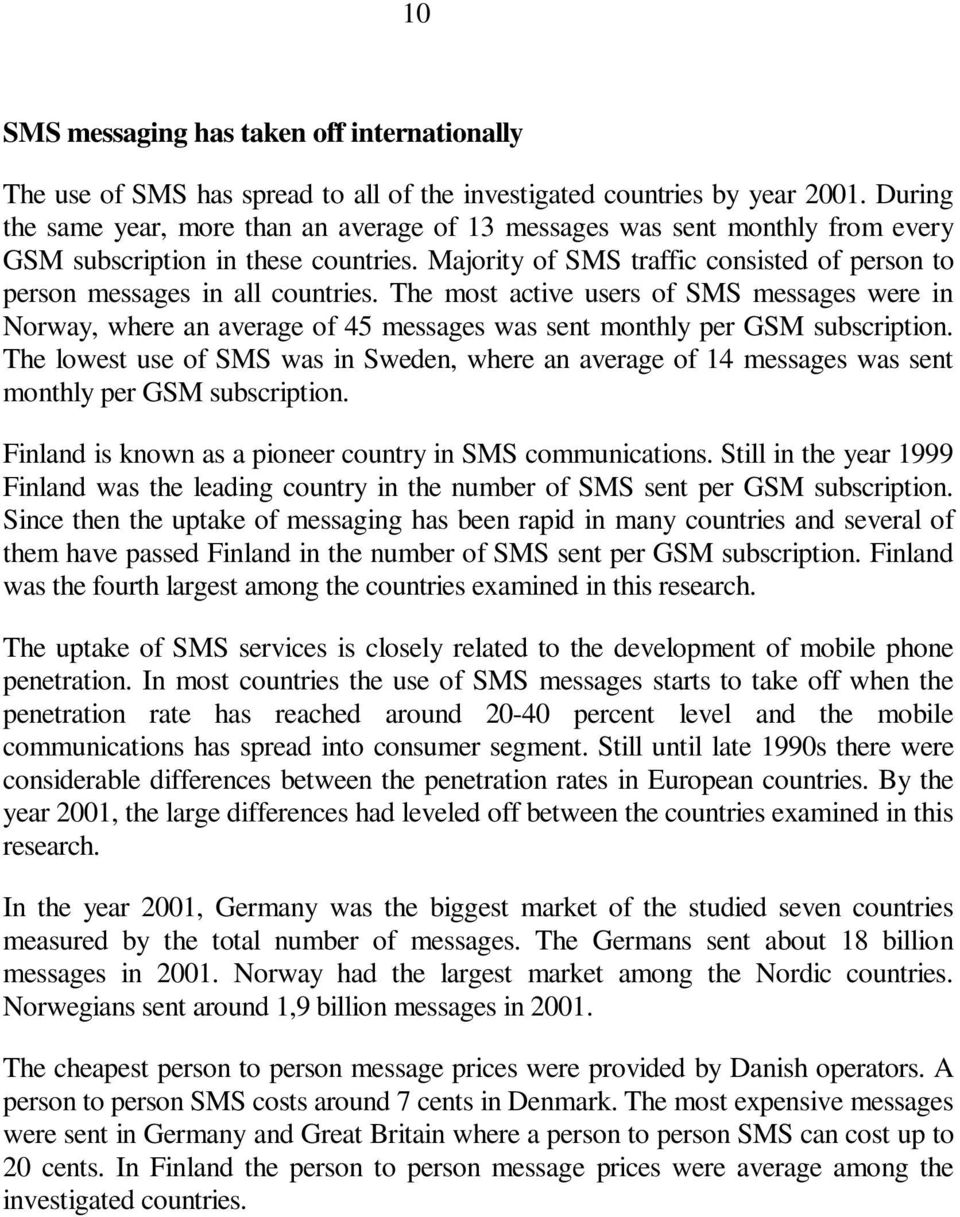 Majority of SMS traffic consisted of person to person messages in all countries.