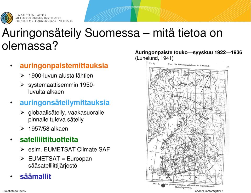 auringonsäteilymittauksia globaalisäteily, vaakasuoralle pinnalle tuleva säteily 1957/58 alkaen