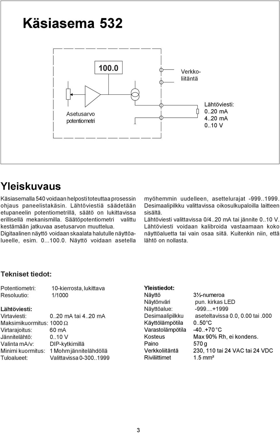 Digitaalinen näyttö voidaan skaalata halutulle näyttöalueelle, esim. 0...100.0. Näyttö voidaan asetella myöhemmin uudelleen, asettelurajat -999..1999.