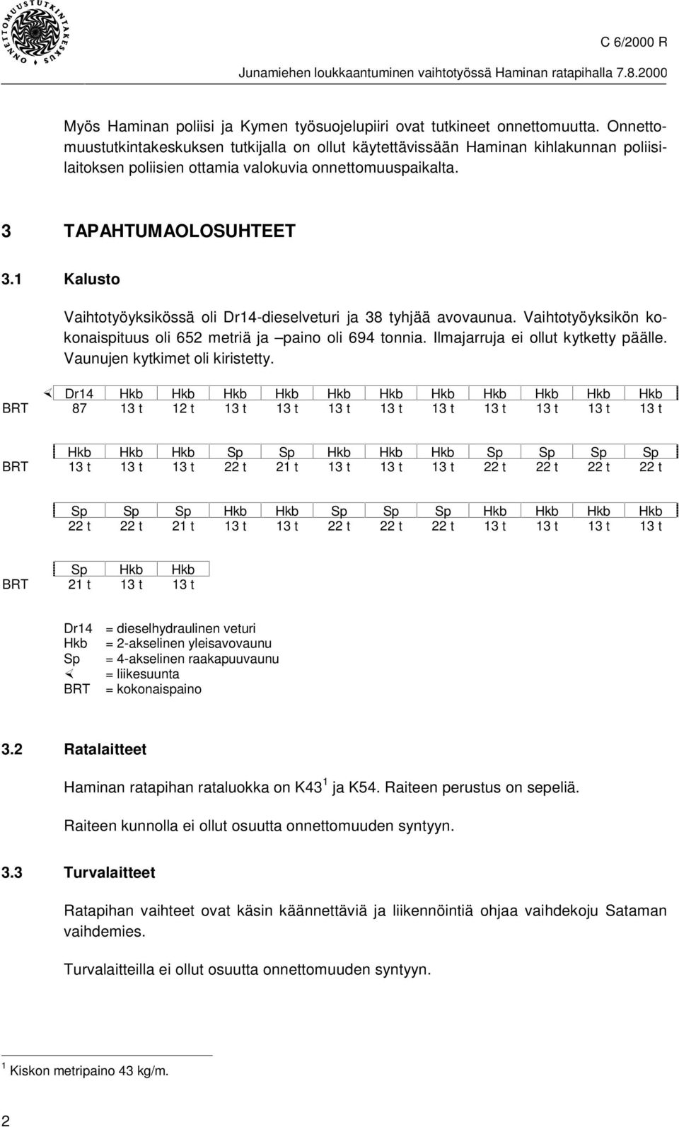 1 Kalusto Vaihtotyöyksikössä oli Dr14-dieselveturi ja 38 tyhjää avovaunua. Vaihtotyöyksikön kokonaispituus oli 652 metriä ja paino oli 694 tonnia. Ilmajarruja ei ollut kytketty päälle.