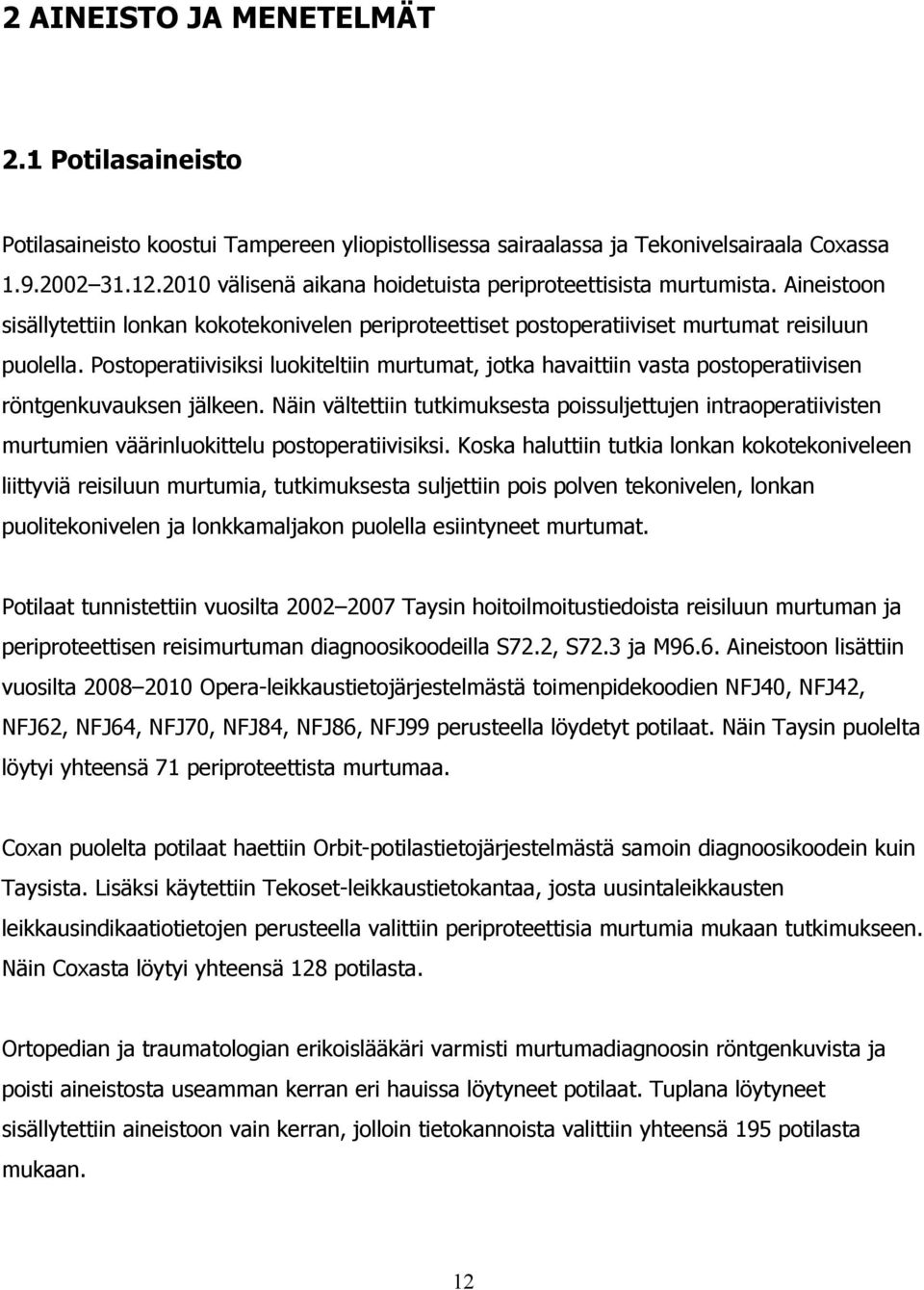 Postoperatiivisiksi luokiteltiin murtumat, jotka havaittiin vasta postoperatiivisen röntgenkuvauksen jälkeen.
