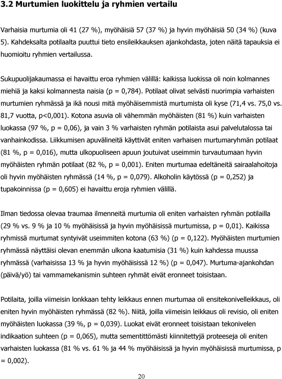 Sukupuolijakaumassa ei havaittu eroa ryhmien välillä: kaikissa luokissa oli noin kolmannes miehiä ja kaksi kolmannesta naisia (p = 0,784).
