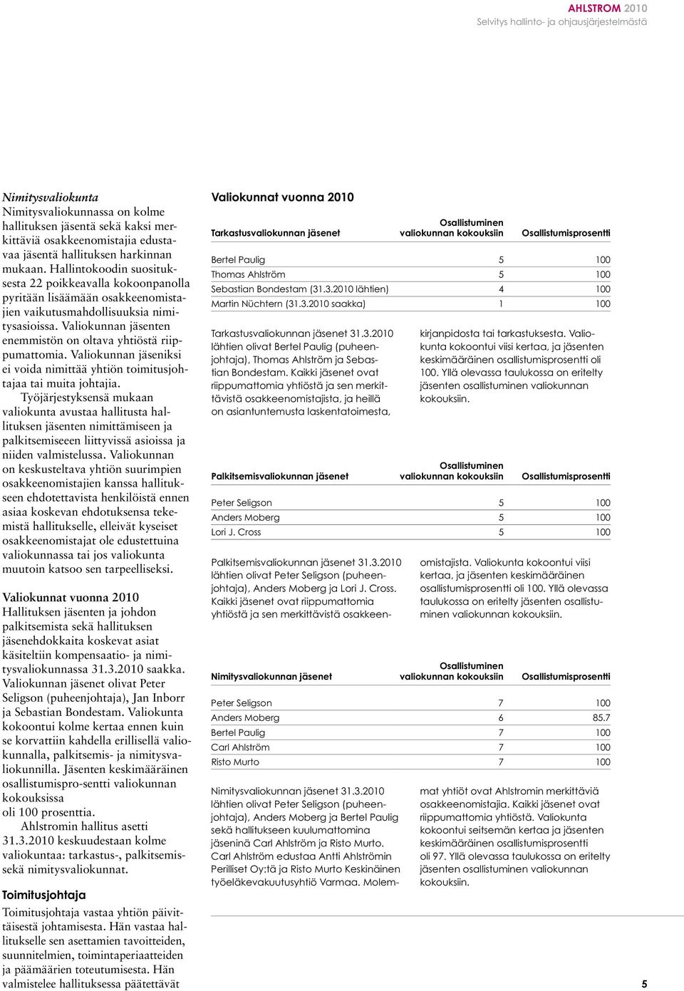 Valiokunnan jäsenten enemmistön on oltava yhtiöstä riippumattomia. Valiokunnan jäseniksi ei voida nimittää yhtiön toimitusjohtajaa tai muita johtajia.