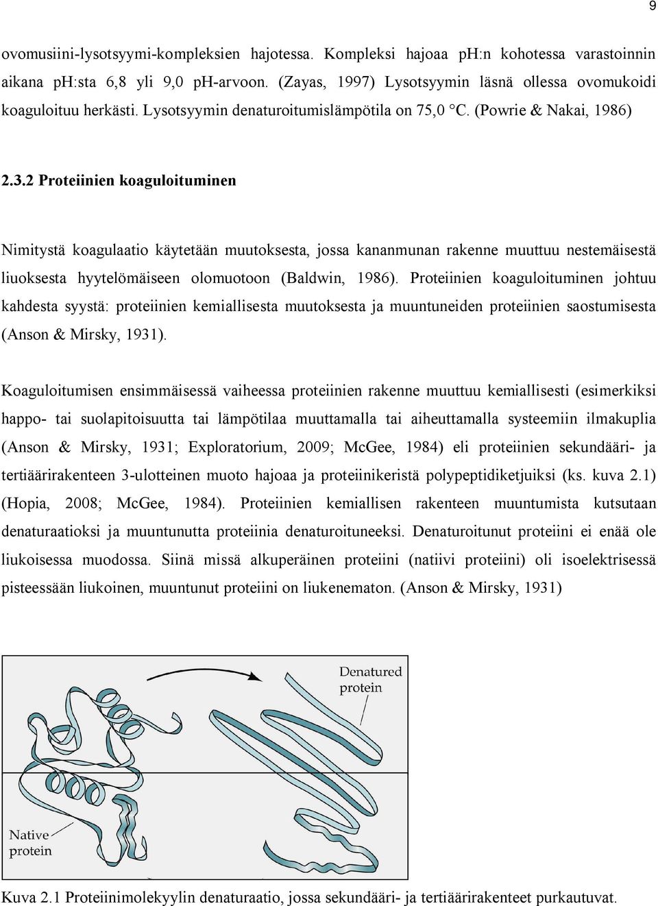 2 Proteiinien koaguloituminen Nimitystä koagulaatio käytetään muutoksesta, jossa kananmunan rakenne muuttuu nestemäisestä liuoksesta hyytelömäiseen olomuotoon (Baldwin, 1986).