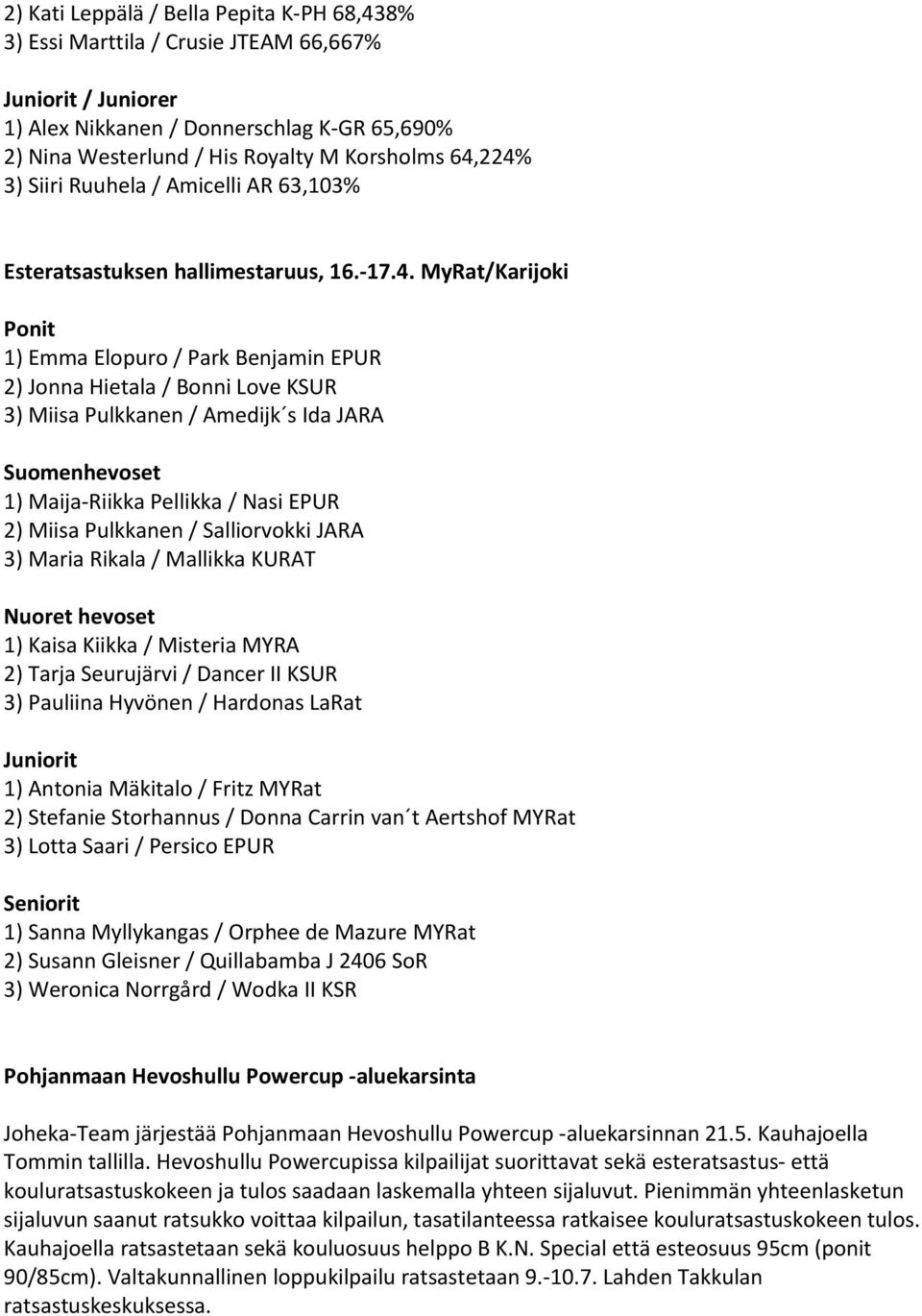 Pulkkanen / Amedijk s Ida JARA Suomenhevoset 1) Maija-Riikka Pellikka / Nasi EPUR 2) Miisa Pulkkanen / Salliorvokki JARA 3) Maria Rikala / Mallikka KURAT Nuoret hevoset 1) Kaisa Kiikka / Misteria