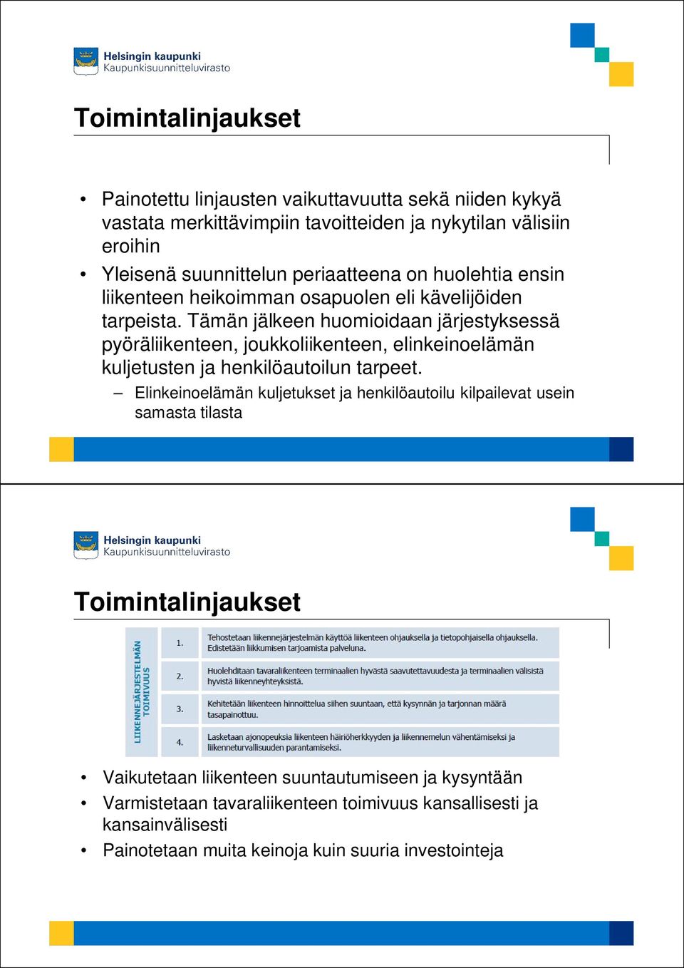 Tämän jälkeen huomioidaan järjestyksessä pyöräliikenteen, joukkoliikenteen, elinkeinoelämän kuljetusten ja henkilöautoilun tarpeet.