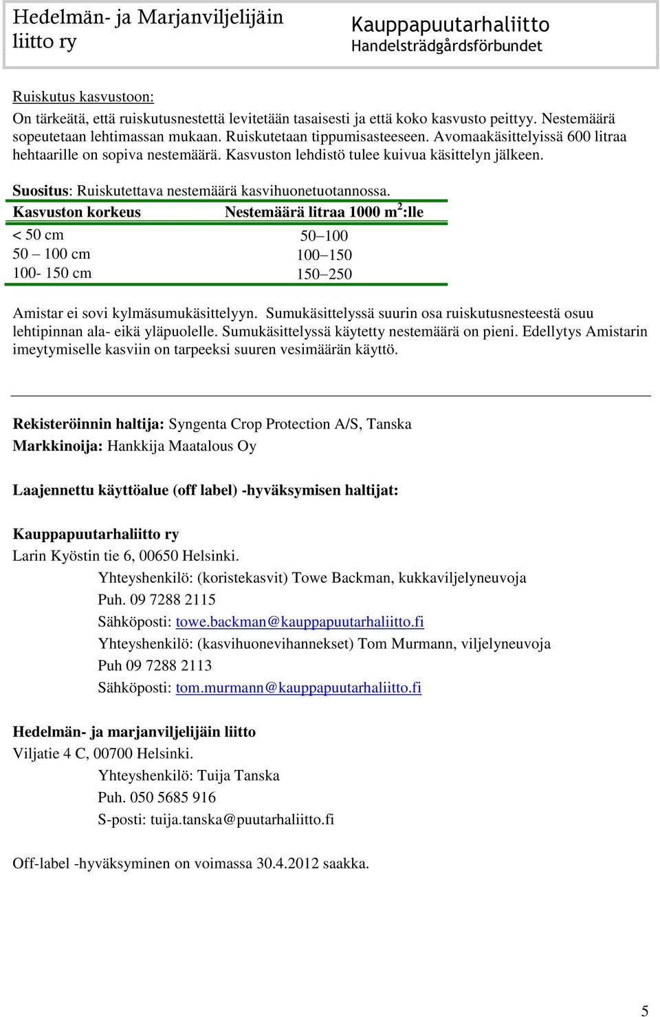 Kasvuston korkeus Nestemäärä litraa 1000 m 2 :lle < 50 cm 50 100 50 100 cm 100 150 100-150 cm 150 250 Amistar ei sovi kylmäsumukäsittelyyn.