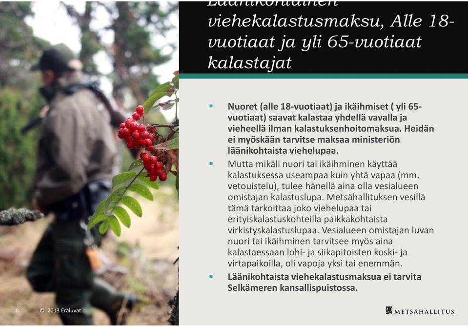 vetouistelu), tulee hänellä aina olla vesialueen omistajan kalastuslupa. Metsähallituksen vesillä tämä tarkoittaa joko viehelupaa tai erityiskalastuskohteilla paikkakohtaista virkistyskalastuslupaa.