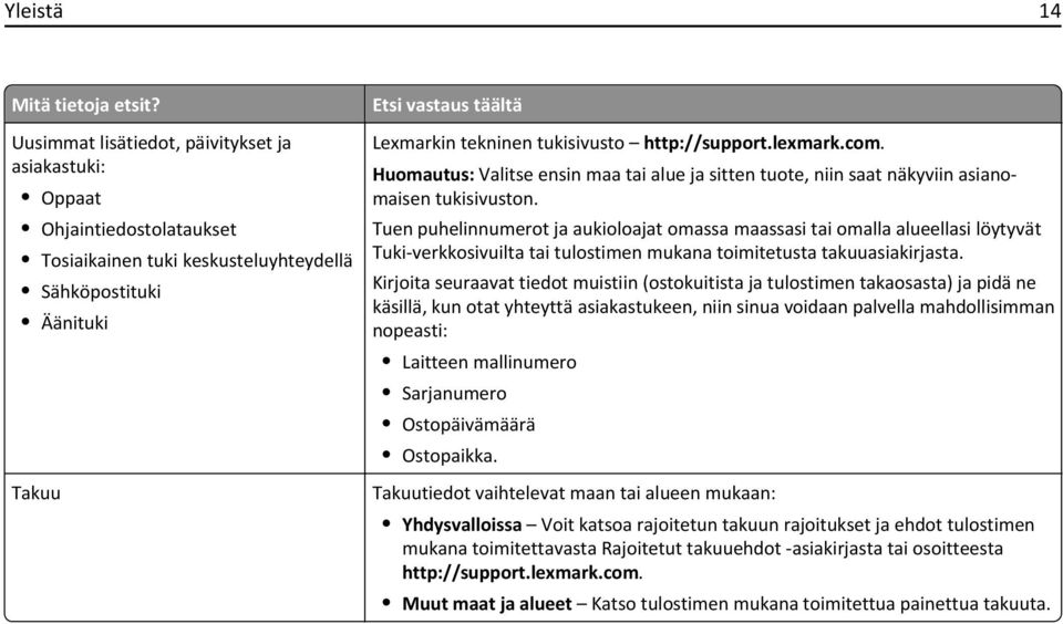 http://support.lexmark.com. Huomautus: Valitse ensin maa tai alue ja sitten tuote, niin saat näkyviin asianomaisen tukisivuston.