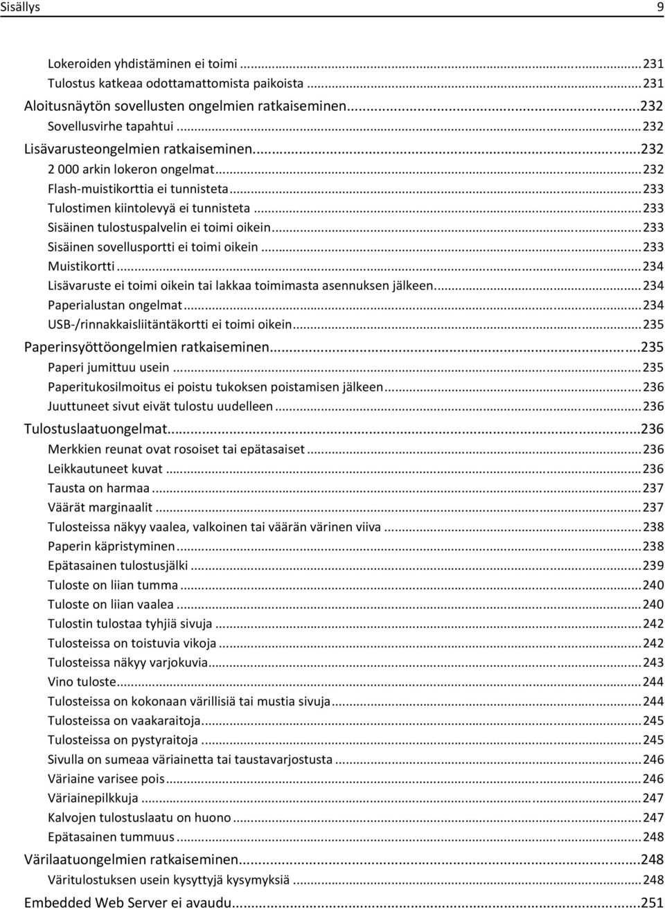 ..233 Sisäinen tulostuspalvelin ei toimi oikein...233 Sisäinen sovellusportti ei toimi oikein...233 Muistikortti...234 Lisävaruste ei toimi oikein tai lakkaa toimimasta asennuksen jälkeen.