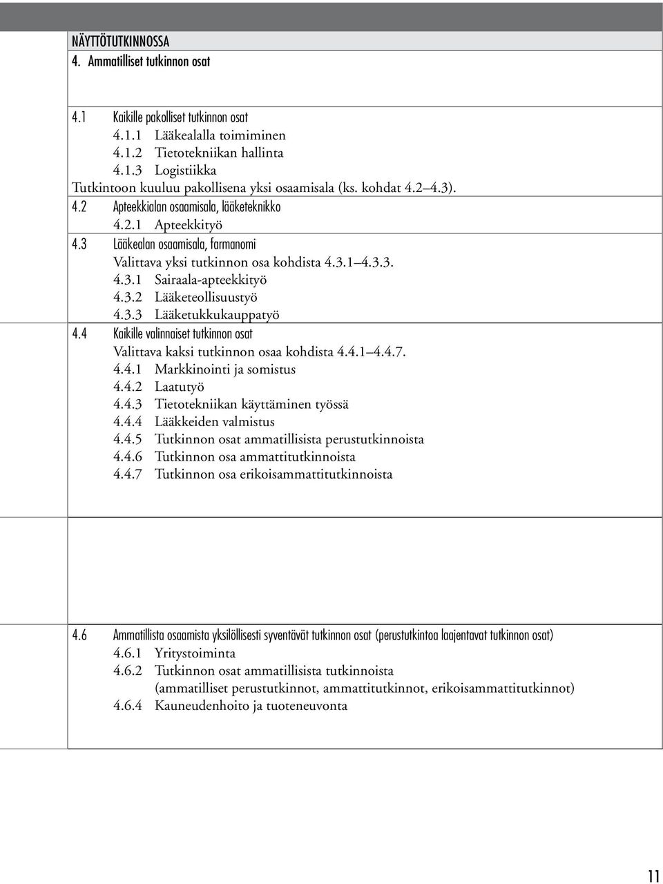 3.3 Lääketukkukauppatyö 4.4 Kaikille valinnaiset tutkinnon osat Valittava kaksi tutkinnon osaa kohdista 4.4.1 4.4.7. 4.4.1 Markkinointi ja somistus 4.4.2 Laatutyö 4.4.3 Tietotekniikan käyttäminen työssä 4.