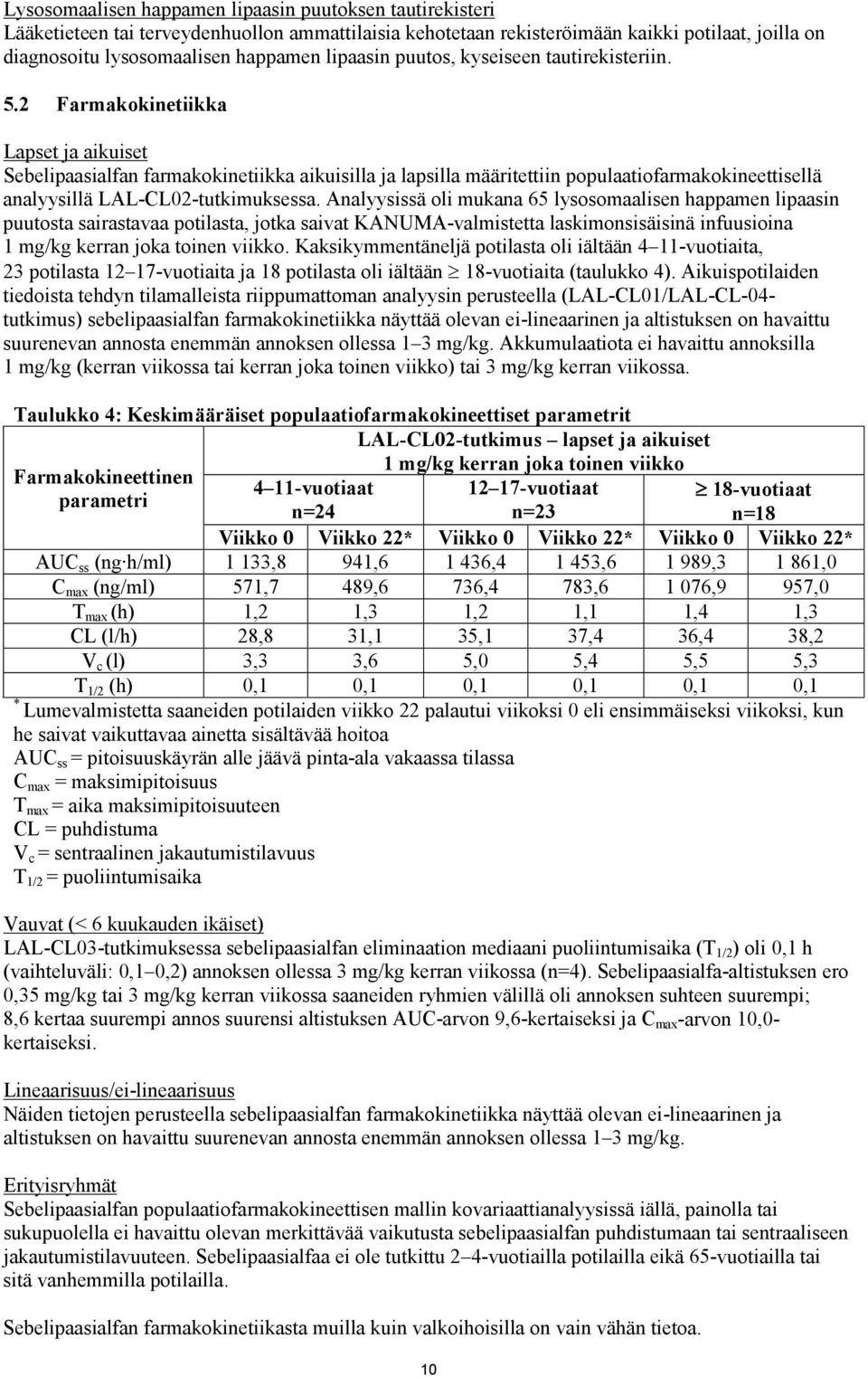 2 Farmakokinetiikka Lapset ja aikuiset Sebelipaasialfan farmakokinetiikka aikuisilla ja lapsilla määritettiin populaatiofarmakokineettisellä analyysillä LAL-CL02-tutkimuksessa.